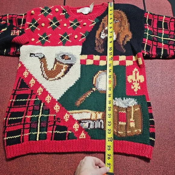 Vtg 1990 Eagles Eye Tartan Plaid Sweater Sz M Hound Dog Pipe Ugly Christmas - Picture 8 of 12